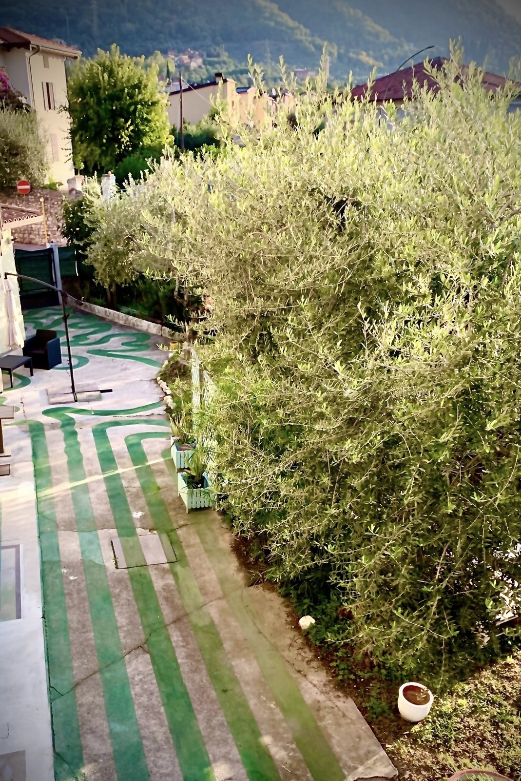 Il terrazzo con onde verdi dipinte sul pavimento, fra gli ulivi