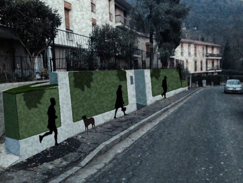 Rendering della proposta: campiture verdi sul muro e sagome di passanti con un cane