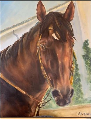 Ritratto a olio di un cavallo all'ippodromo