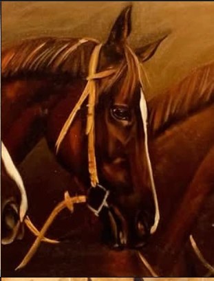 Ritratto a olio di un cavallo con la testiera bianca