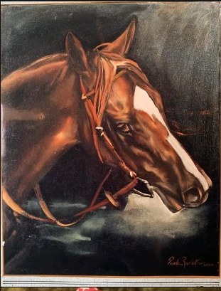 Ritratto a olio della testa di un cavallo baio su fondo scuro