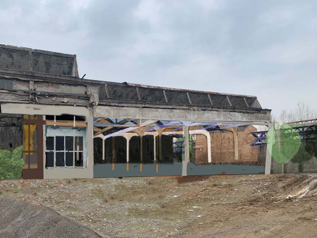 I capannoni dismessi di via Milano, con sovrapposta una proposta di pergola e campiture di colore